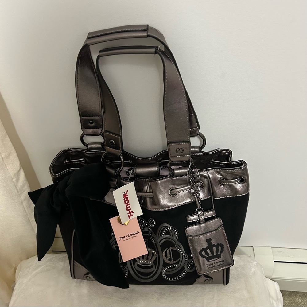 NWT Juicy Couture Black Velour Daydreamer Bag Metallic Pewter Trim - Picture 7 of 7